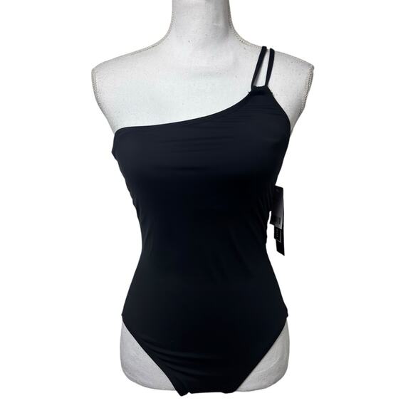 LA BLANCA ISLAND GODDESS LACE BACK ONE SHOULDER ONE PIECE BLACK SIZE 4 NWT - Picture 2 of 6